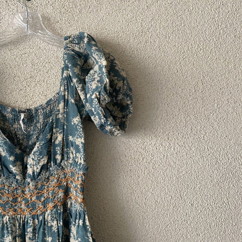 Free People Printed Ellie Maxi Dress Green Floral Smocked Peasant Size Small - Picture 6 of 13